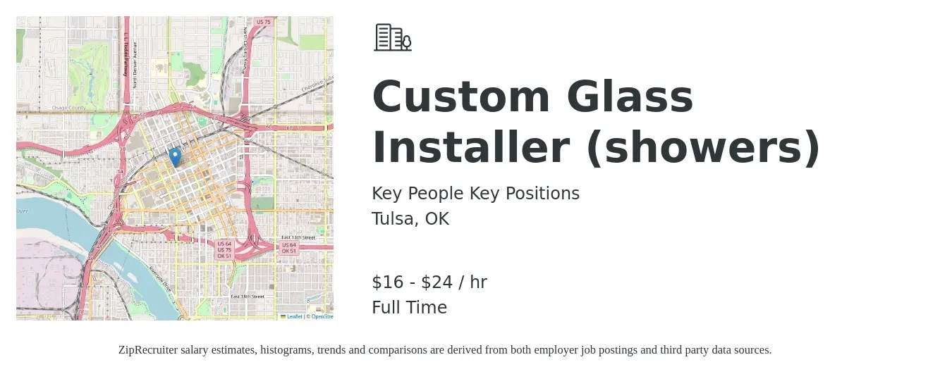 Key People Key Positions job posting for a Custom Glass Installer (showers) in Tulsa, OK with a salary of $17 to $25 Hourly with a map of Tulsa location.