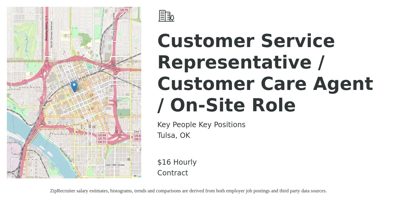 Key People Key Positions job posting for a Customer Service Representative / Customer Care Agent / On-Site Role in Tulsa, OK with a salary of $17 Hourly with a map of Tulsa location.