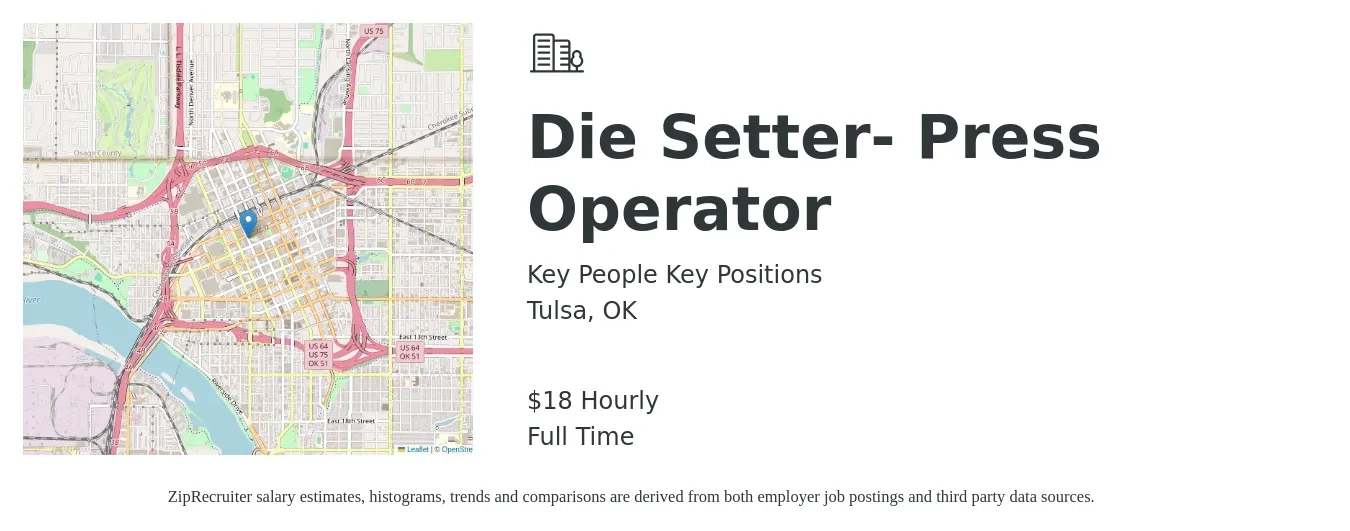 Key People Key Positions job posting for a Die Setter- Press Operator in Tulsa, OK with a salary of $19 Hourly with a map of Tulsa location.
