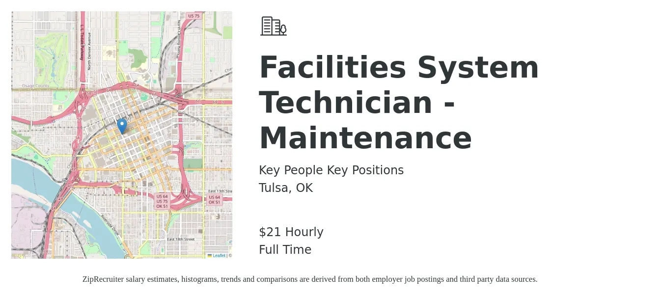Key People Key Positions job posting for a Facilities System Technician - Maintenance in Tulsa, OK with a salary of $22 Hourly with a map of Tulsa location.