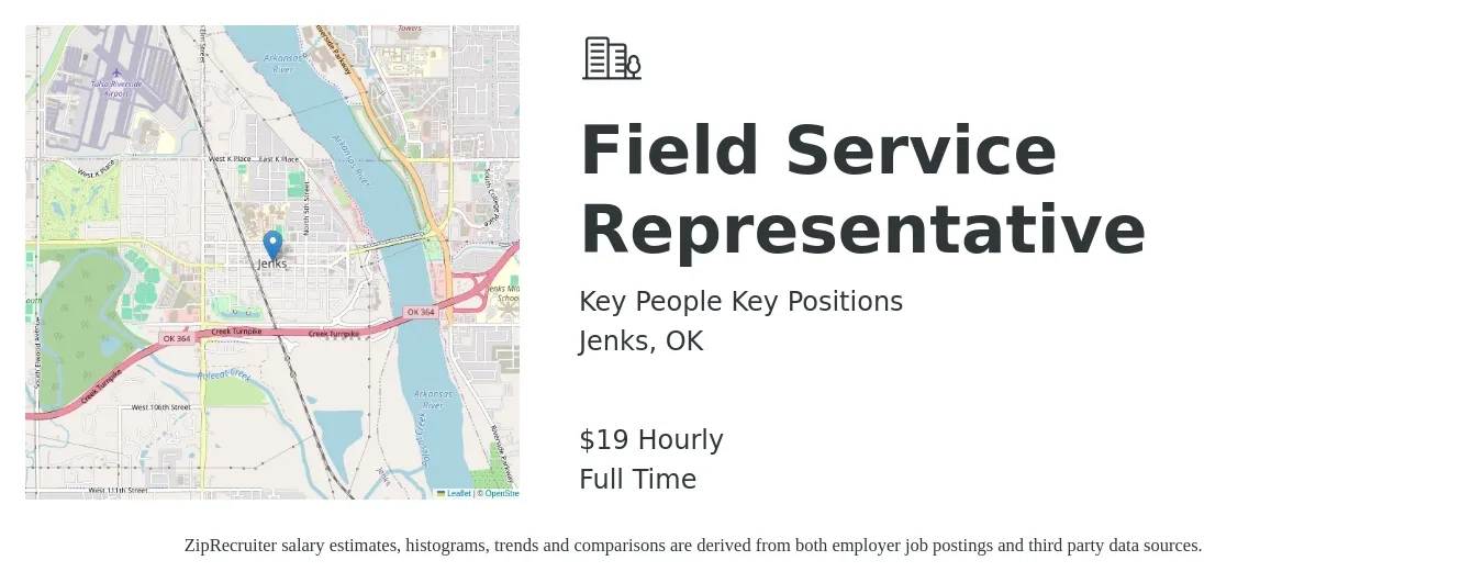 Key People Key Positions job posting for a Field Service Representative in Jenks, OK with a salary of $20 Hourly with a map of Jenks location.