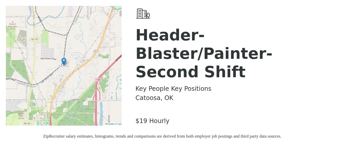 Key People Key Positions job posting for a Header- Blaster/Painter- Second Shift in Catoosa, OK with a salary of $20 Hourly with a map of Catoosa location.