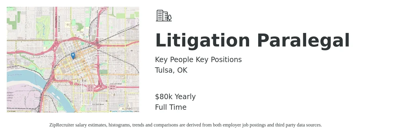 Key People Key Positions job posting for a Litigation Paralegal in Tulsa, OK with a salary of $80,000 Yearly with a map of Tulsa location.