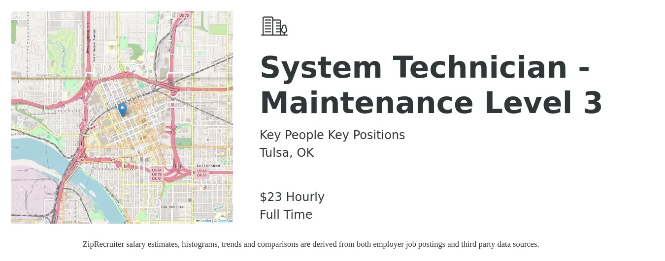 Key People Key Positions job posting for a System Technician - Maintenance Level 3 in Tulsa, OK with a salary of $18 to $24 Hourly with a map of Tulsa location.