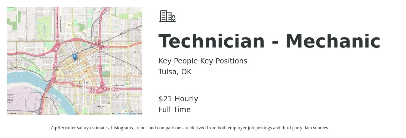 Key People Key Positions job posting for a Technician - Mechanic in Tulsa, OK with a salary of $22 Hourly with a map of Tulsa location.
