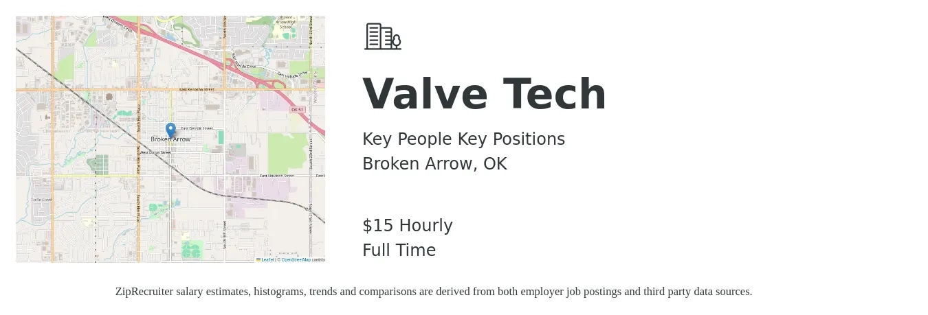 Key People Key Positions job posting for a Valve Tech in Broken Arrow, OK with a salary of $16 Hourly with a map of Broken Arrow location.