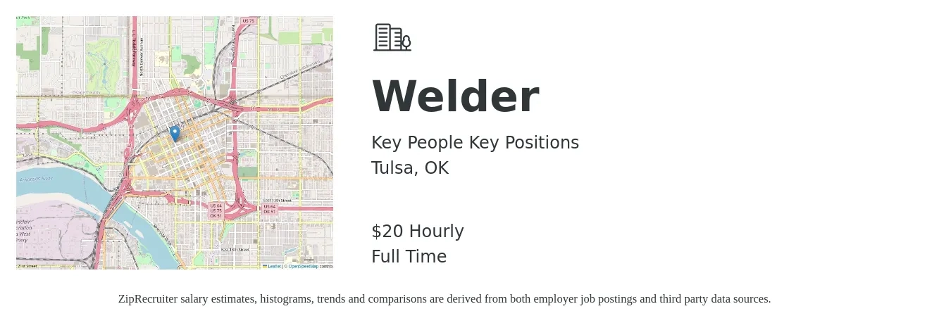 Key People Key Positions job posting for a Welder in Tulsa, OK with a salary of $24 Hourly with a map of Tulsa location.