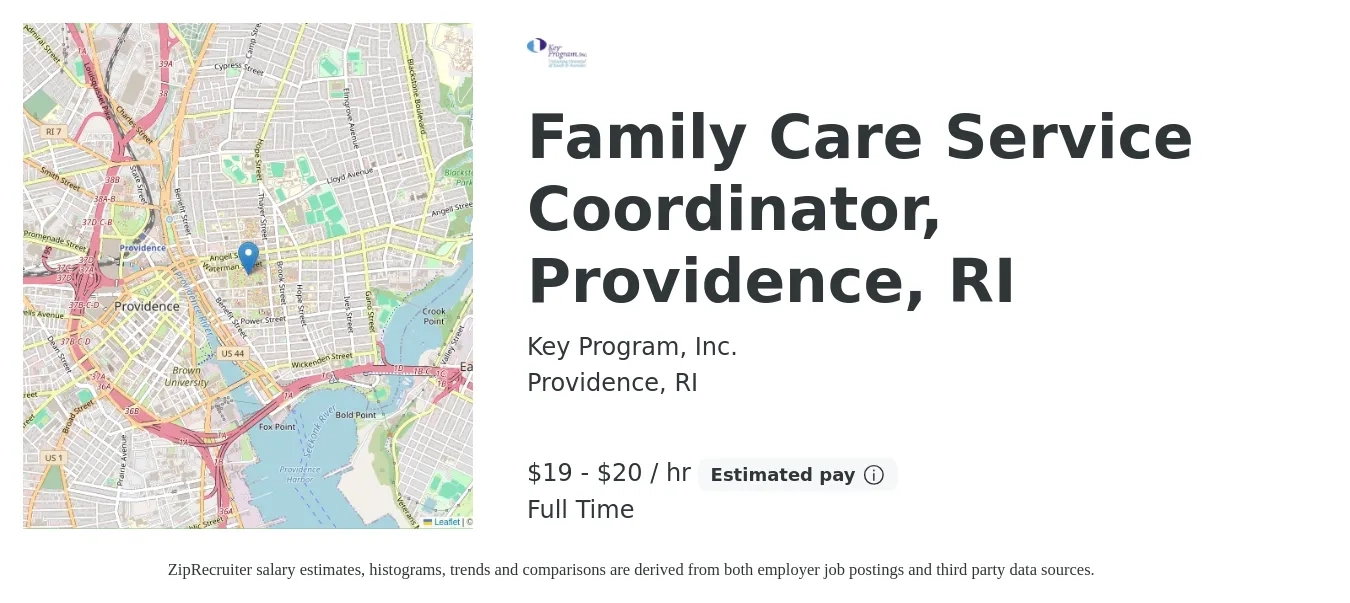 Key Program, Inc. job posting for a Family Care Service Coordinator, Providence, RI in Providence, RI with a salary of $20 to $21 Hourly with a map of Providence location.