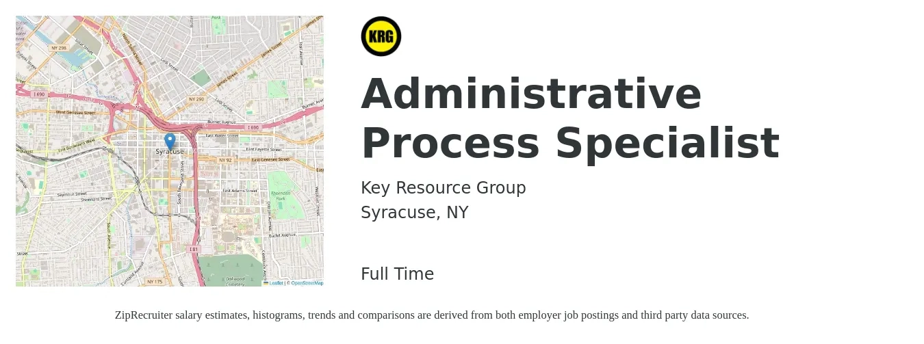 Key Resource Group job posting for a Administrative Process Specialist in Syracuse, NY with a salary of $45,900 to $62,200 Yearly with a map of Syracuse location.