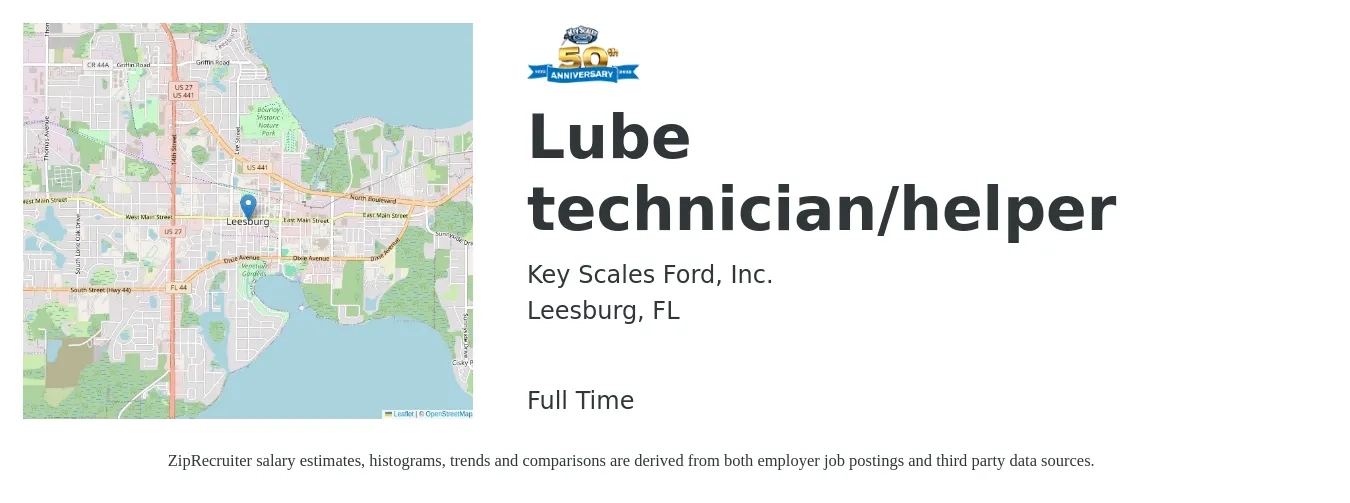 Key Scales Ford, Inc. job posting for a Lube technician/helper in Leesburg, FL with a salary of $12 to $16 Hourly with a map of Leesburg location.