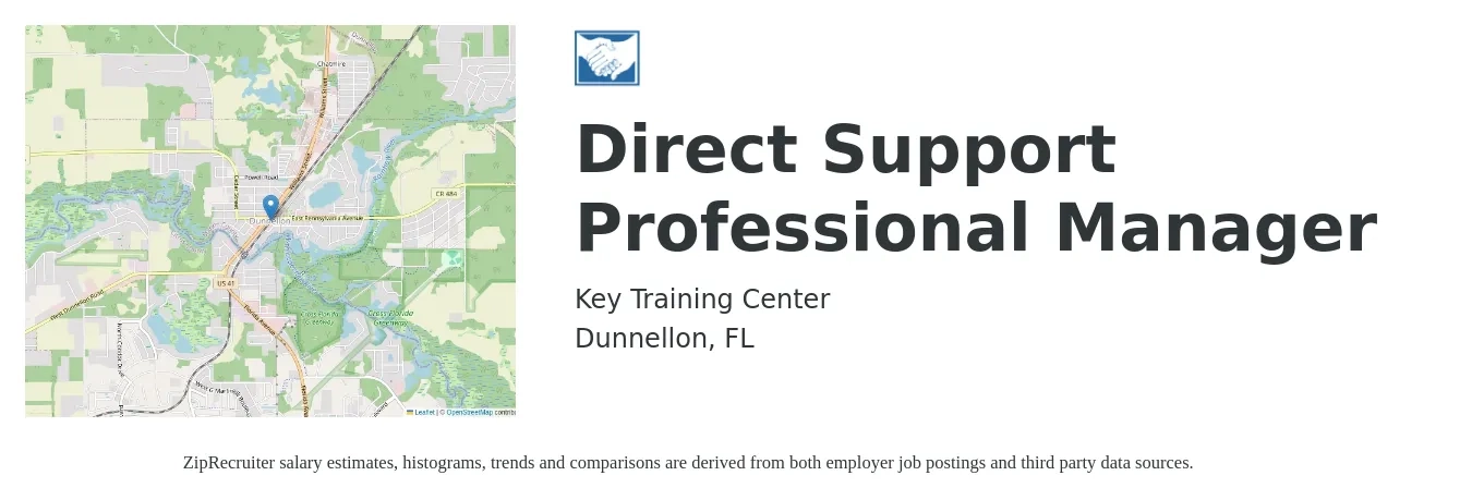 Key Training Center job posting for a Direct Support Professional Manager in Dunnellon, FL with a salary of $37,440 to $43,680 Yearly with a map of Dunnellon location.
