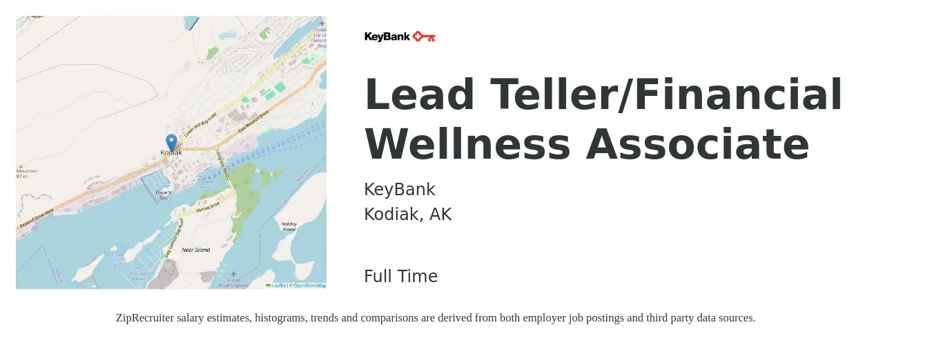 KeyBank job posting for a Lead Teller/Financial Wellness Associate in Kodiak, AK with a salary of $22 to $28 Hourly with a map of Kodiak location.
