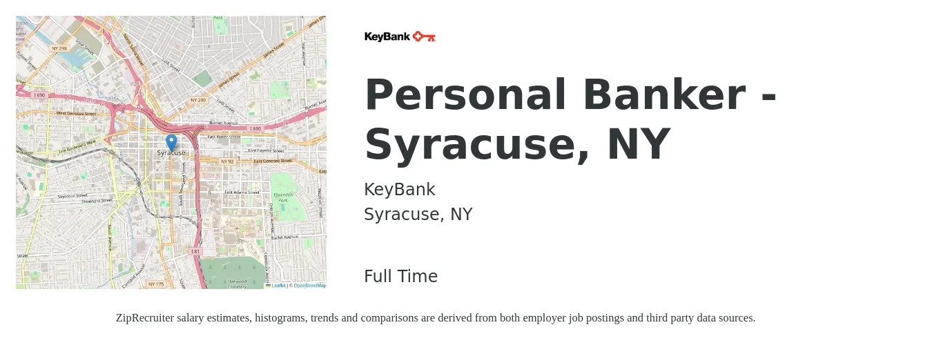 KeyBank job posting for a Personal Banker - Syracuse, NY in Syracuse, NY with a salary of $19 to $23 Hourly with a map of Syracuse location.