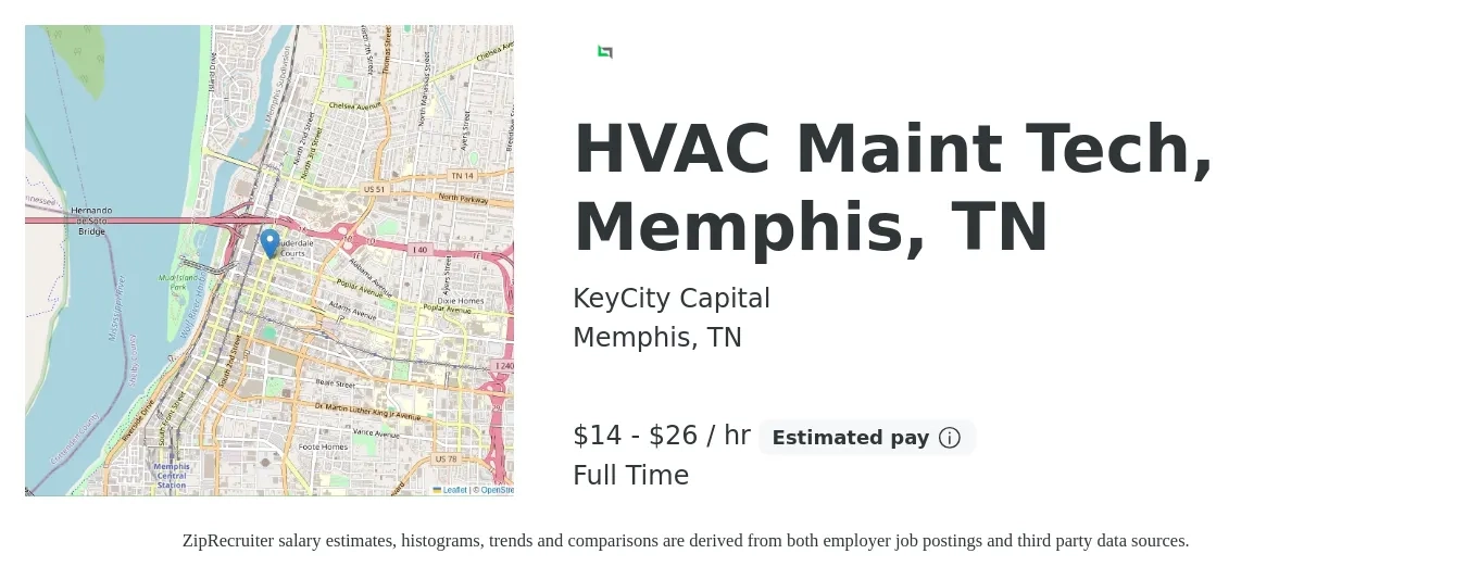 KeyCity Capital job posting for a HVAC Maint Tech, Memphis, TN in Memphis, TN with a salary of $15 to $28 Hourly with a map of Memphis location.