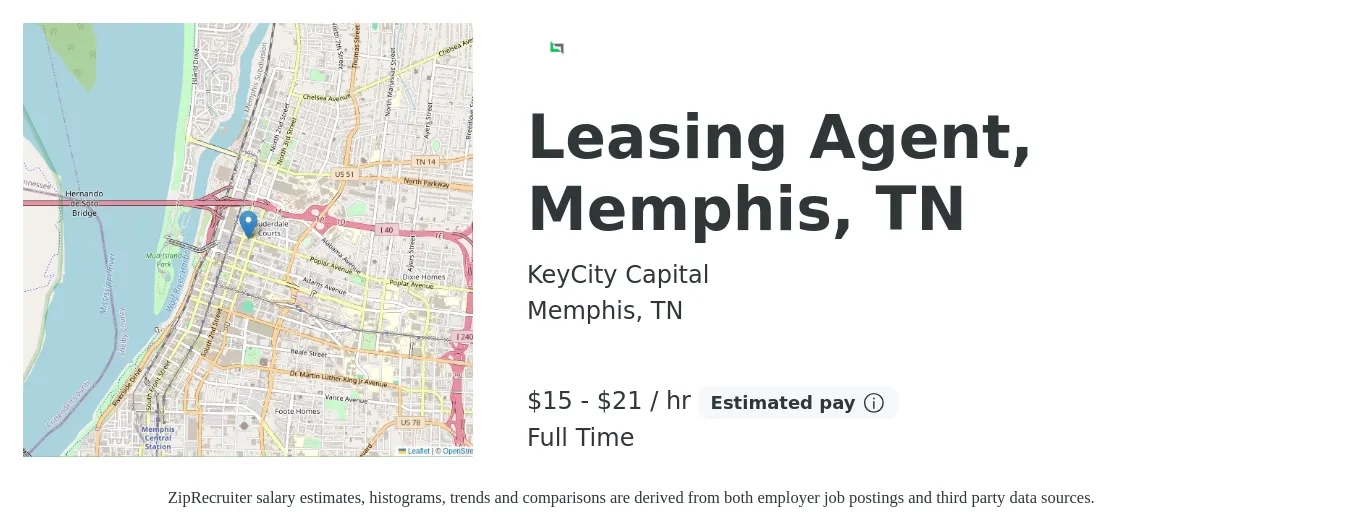 KeyCity Capital job posting for a Leasing Agent, Memphis, TN in Memphis, TN with a salary of $16 to $22 Hourly with a map of Memphis location.