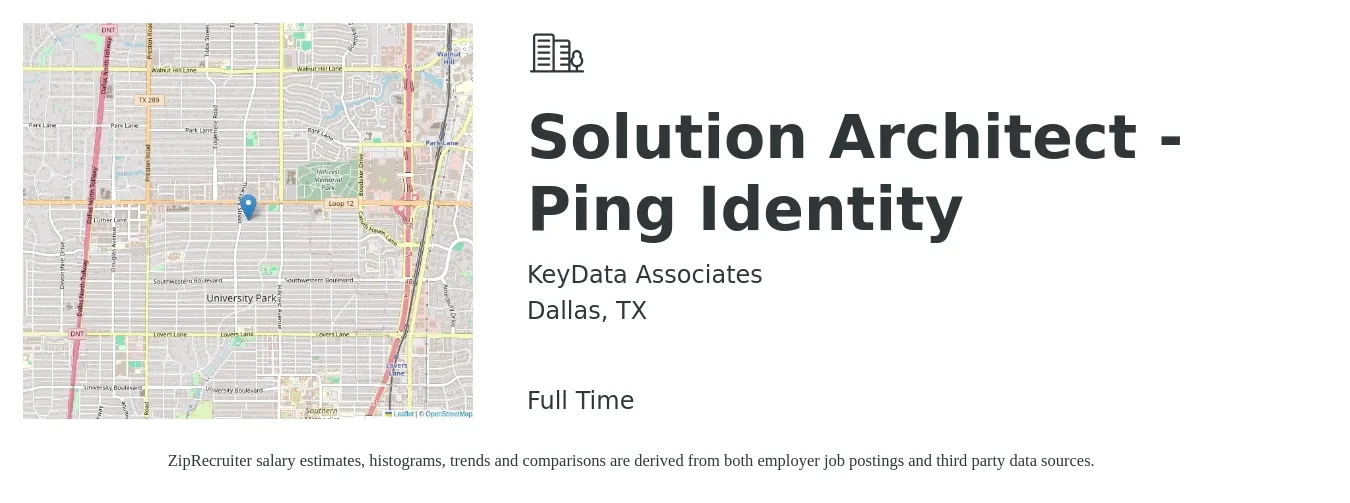 KeyData Associates job posting for a Solution Architect - Ping Identity in Dallas, TX with a salary of $62 to $82 Hourly with a map of Dallas location.