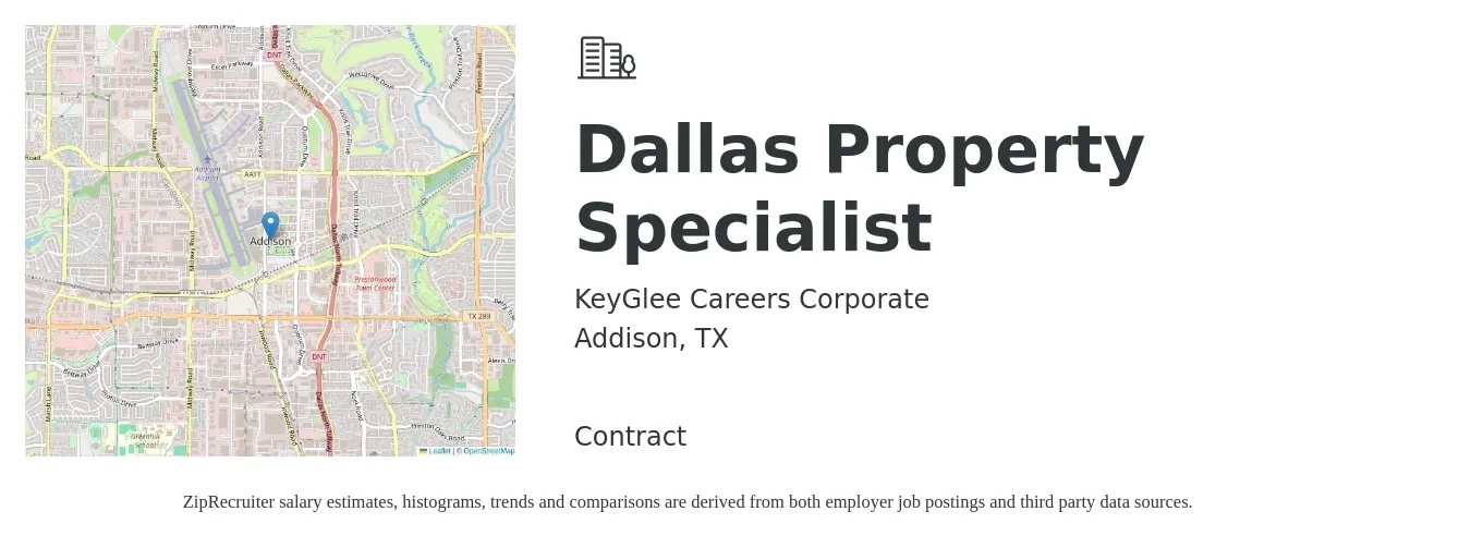 KeyGlee Careers Corporate job posting for a Dallas Property Specialist in Addison, TX with a salary of $20 to $32 Hourly with a map of Addison location.