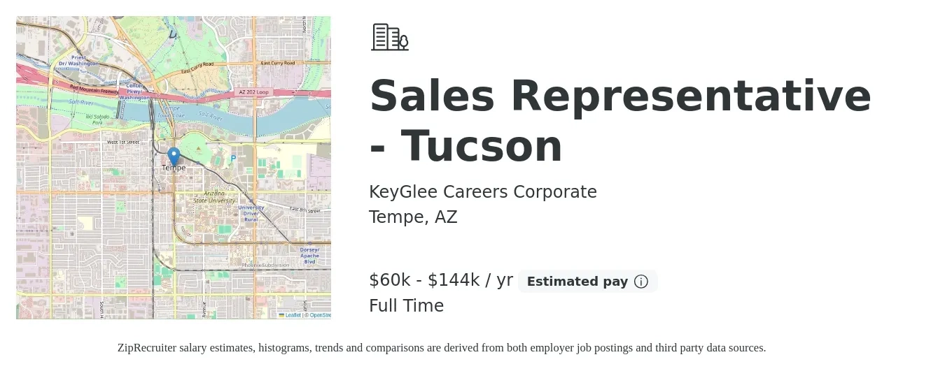 KeyGlee Careers Corporate job posting for a Sales Representative - Tucson in Tempe, AZ with a salary of $60,000 to $144,000 Yearly with a map of Tempe location.