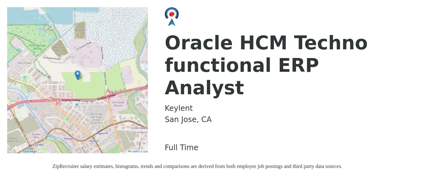Keylent job posting for a Oracle HCM Techno functional ERP Analyst in San Jose, CA with a salary of $44 to $90 Hourly with a map of San Jose location.