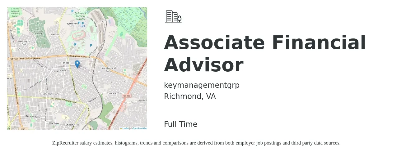 keymanagementgrp job posting for a Associate Financial Advisor in Richmond, VA with a salary of $39,600 to $81,600 Yearly with a map of Richmond location.