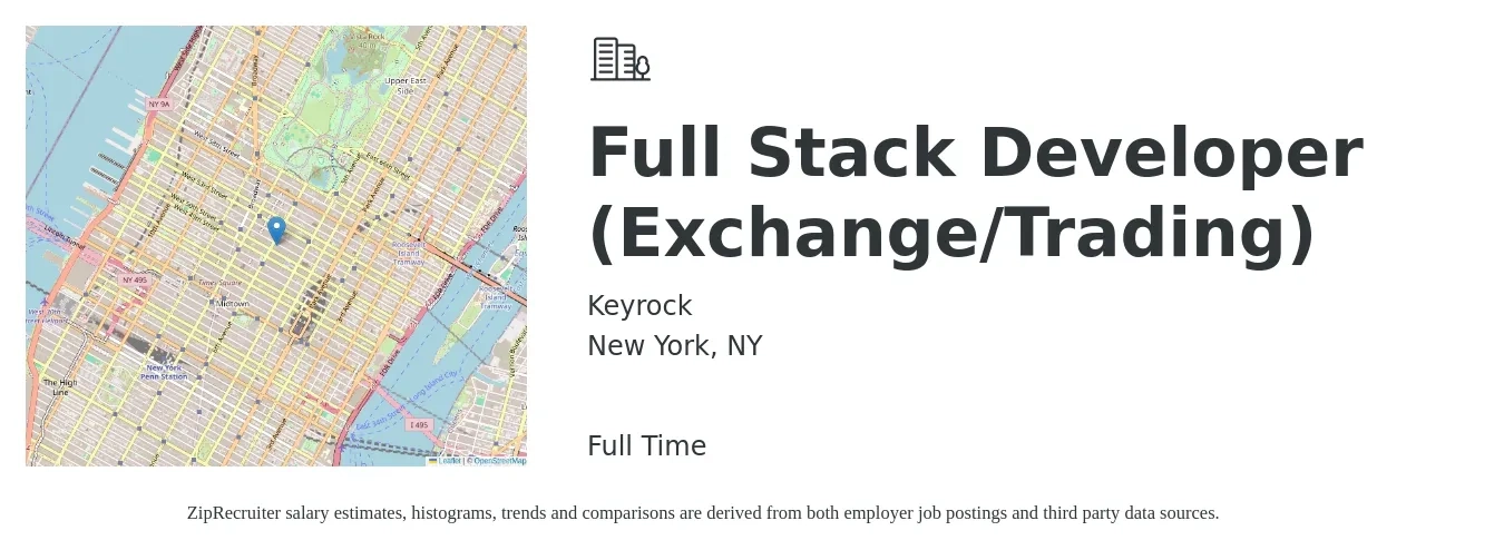 Keyrock job posting for a Full Stack Developer (Exchange/Trading) in New York, NY with a salary of $56 to $78 Hourly with a map of New York location.