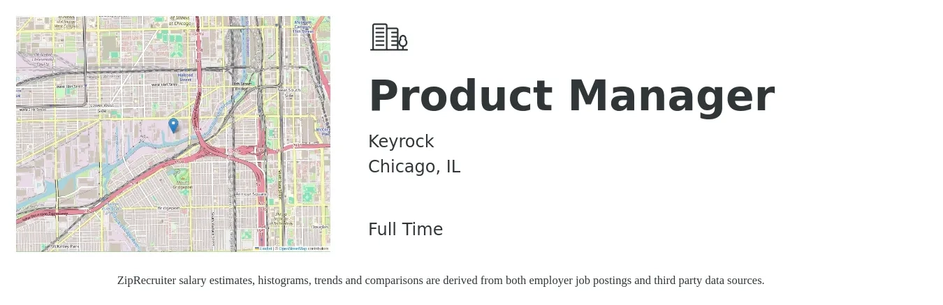 Keyrock job posting for a Product Manager in Chicago, IL with a salary of $145,200 to $202,900 Yearly with a map of Chicago location.