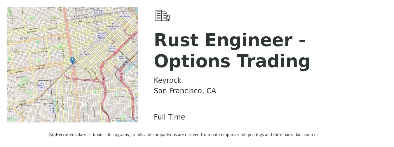 Keyrock job posting for a Rust Engineer - Options Trading in San Francisco, CA with a salary of $146,100 to $202,600 Yearly with a map of San Francisco location.