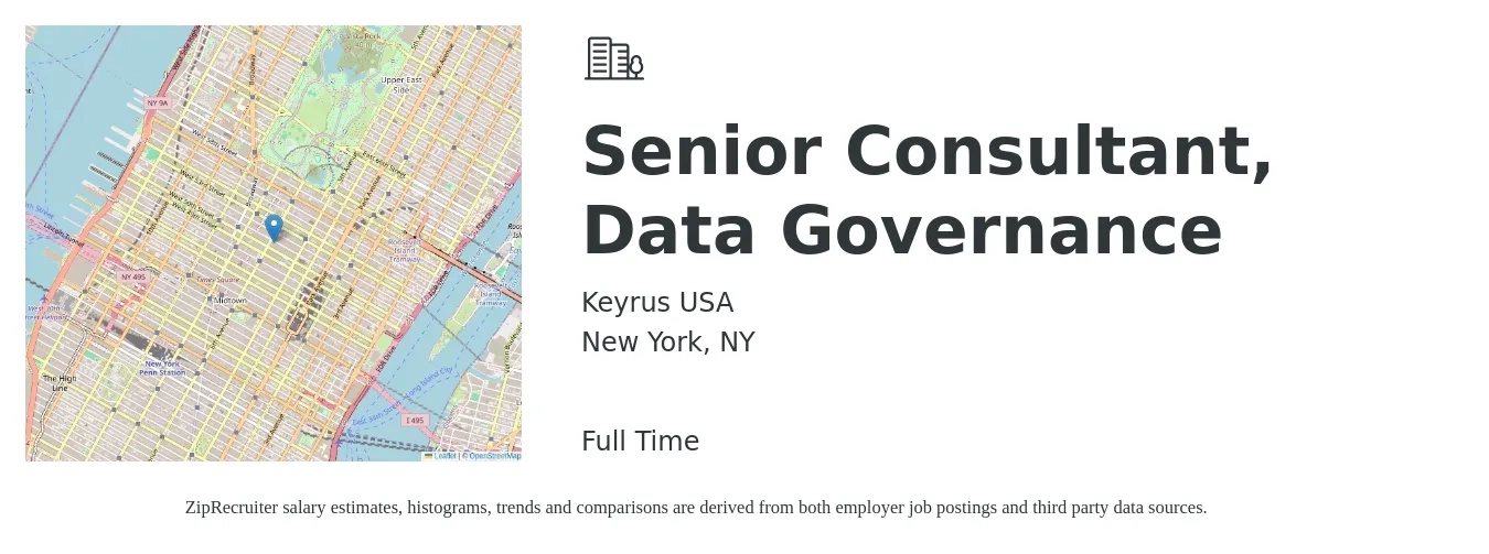 Keyrus USA job posting for a Senior Consultant, Data Governance in New York, NY with a salary of $77 to $92 Hourly with a map of New York location.