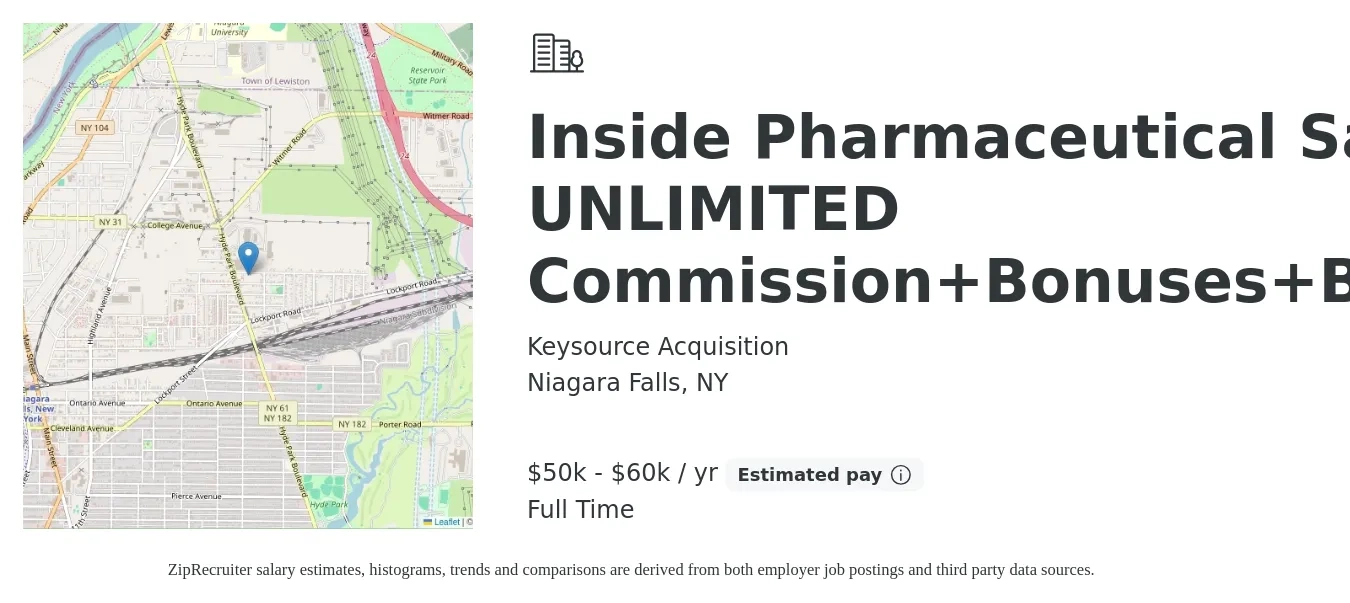 Keysource Acquisition job posting for a Inside Pharmaceutical Sales UNLIMITED Commission +Bonuses +Base in Niagara Falls, NY with a salary of $50,000 to $60,000 Yearly with a map of Niagara Falls location.