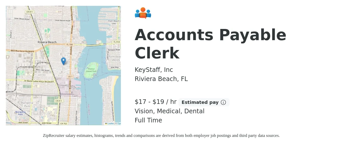 KeyStaff, Inc job posting for a Accounts Payable Clerk in Riviera Beach, FL with a salary of $18 to $20 Hourly and benefits including medical, vision, and dental with a map of Riviera Beach location.