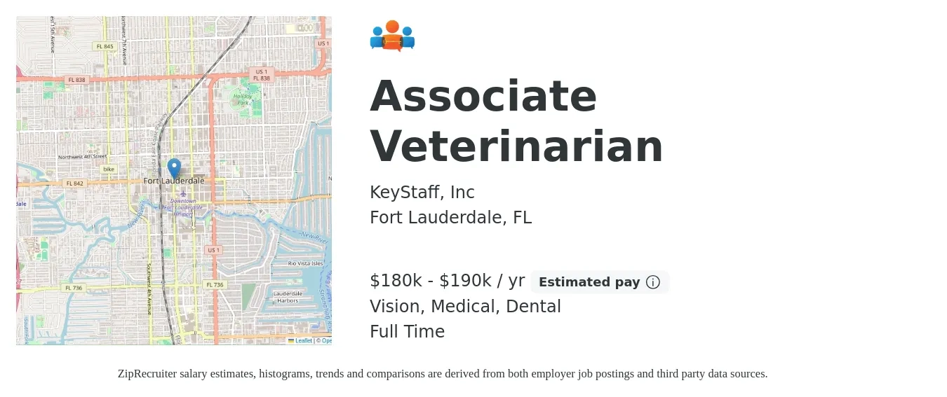 KeyStaff, Inc job posting for a Associate Veterinarian in Fort Lauderdale, FL with a salary of $180,000 to $190,000 Yearly and benefits including medical, pto, retirement, vision, dental, and life_insurance with a map of Fort Lauderdale location.