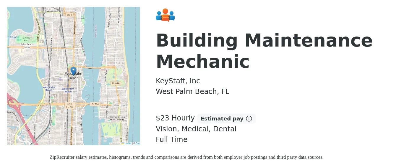 KeyStaff, Inc job posting for a Building Maintenance Mechanic in West Palm Beach, FL with a salary of $24 Hourly and benefits including dental, medical, and vision with a map of West Palm Beach location.