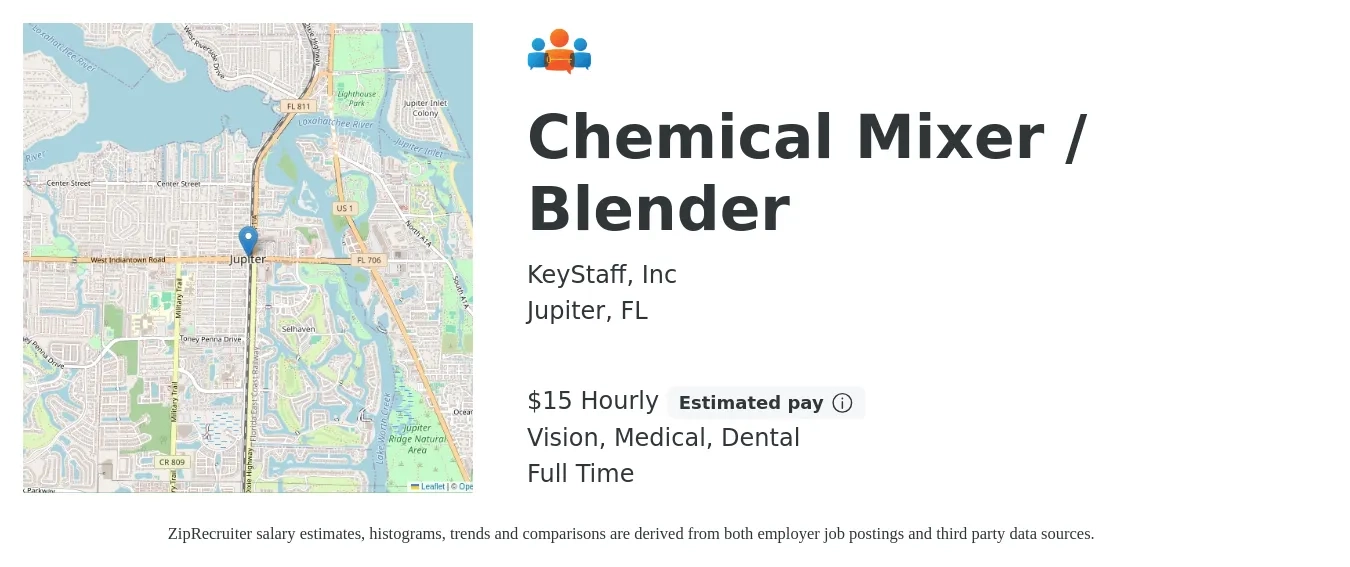 KeyStaff, Inc job posting for a Chemical Mixer / Blender in Jupiter, FL with a salary of $17 Hourly and benefits including vision, dental, and medical with a map of Jupiter location.