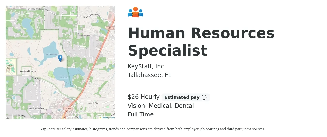 KeyStaff, Inc job posting for a Human Resources Specialist in Tallahassee, FL with a salary of $28 Hourly and benefits including medical, vision, and dental with a map of Tallahassee location.
