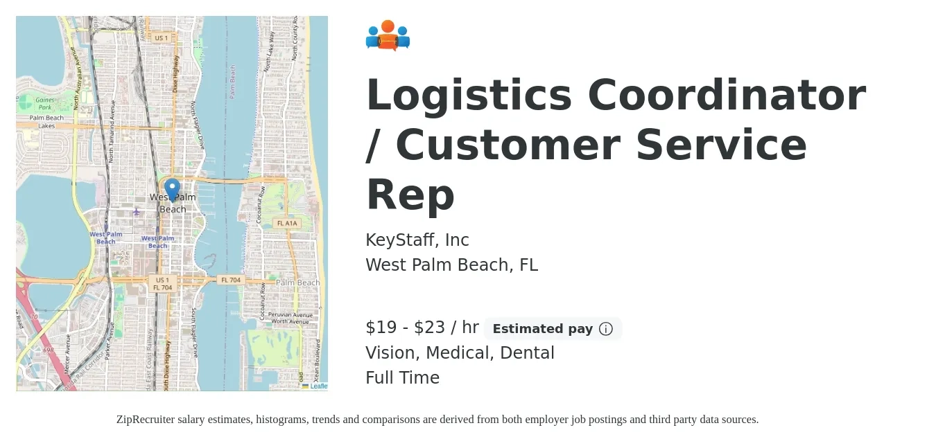 KeyStaff, Inc job posting for a Logistics Coordinator / Customer Service Rep in West Palm Beach, FL with a salary of $20 to $24 Hourly and benefits including vision, dental, and medical with a map of West Palm Beach location.