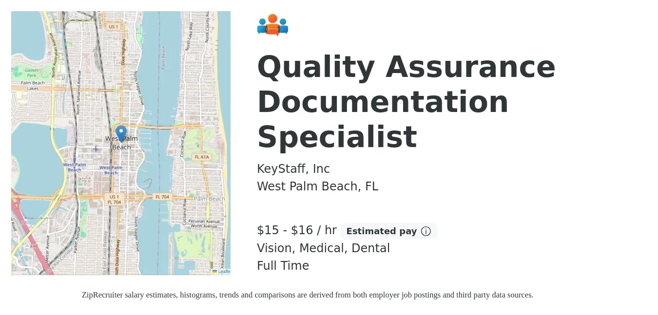 KeyStaff, Inc job posting for a Quality Assurance Documentation Specialist in West Palm Beach, FL with a salary of $16 to $17 Hourly and benefits including vision, dental, and medical with a map of West Palm Beach location.