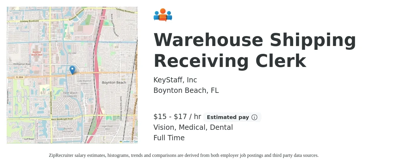 KeyStaff, Inc job posting for a Warehouse Shipping Receiving Clerk in Boynton Beach, FL with a salary of $16 to $18 Hourly and benefits including dental, medical, and vision with a map of Boynton Beach location.
