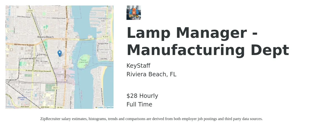 KeyStaff job posting for a Lamp Manager - Manufacturing Dept in Riviera Beach, FL with a salary of $30 Hourly with a map of Riviera Beach location.