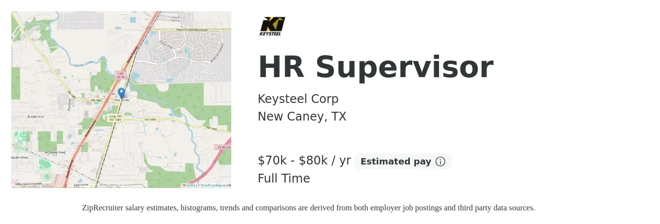 Keysteel Corp job posting for a HR Supervisor in New Caney, TX with a salary of $70,000 to $80,000 Yearly with a map of New Caney location.