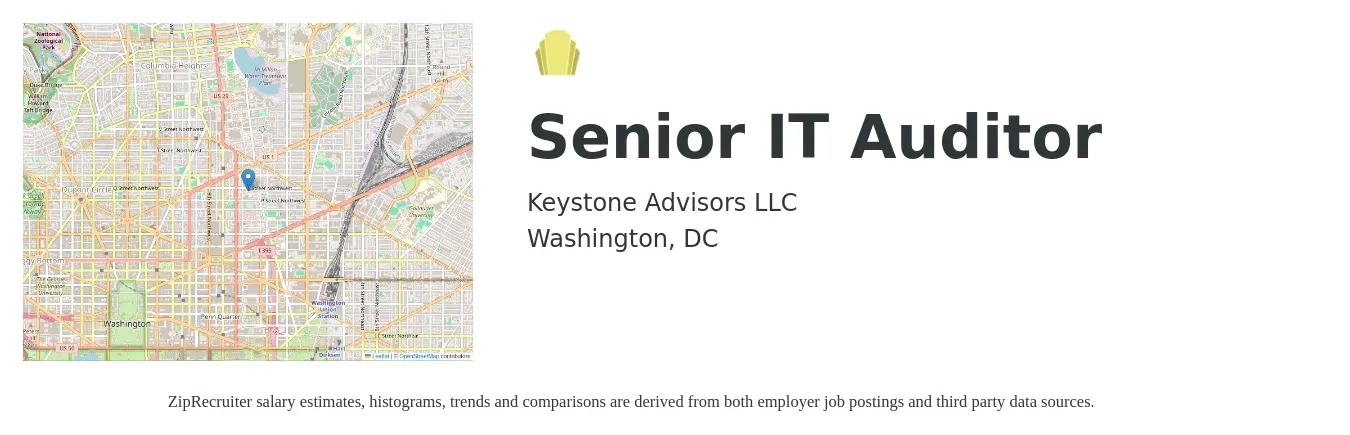 Keystone Advisors LLC job posting for a Senior IT Auditor in Washington, DC with a salary of $106,400 to $139,800 Yearly with a map of Washington location.