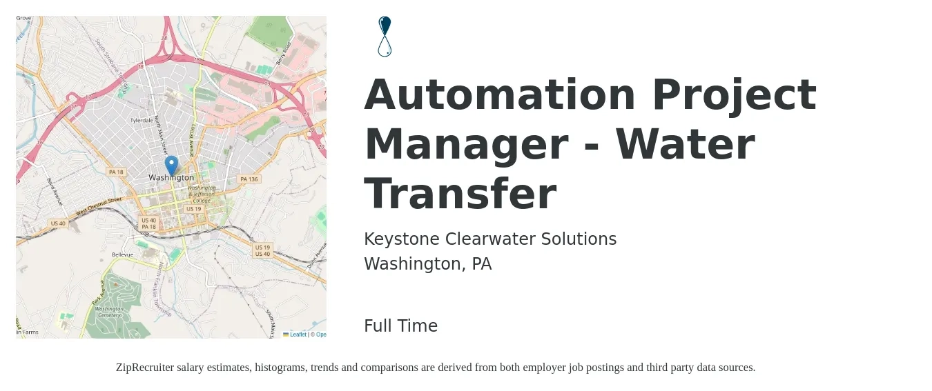 Keystone Clearwater Solutions job posting for a Automation Project Manager - Water Transfer in Washington, PA with a salary of $88,300 to $115,700 Yearly with a map of Washington location.