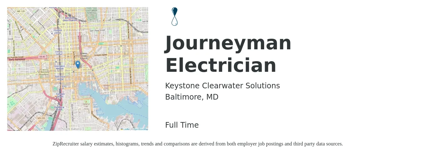 Keystone Clearwater Solutions job posting for a Journeyman Electrician in Baltimore, MD with a salary of $28 to $38 Hourly with a map of Baltimore location.