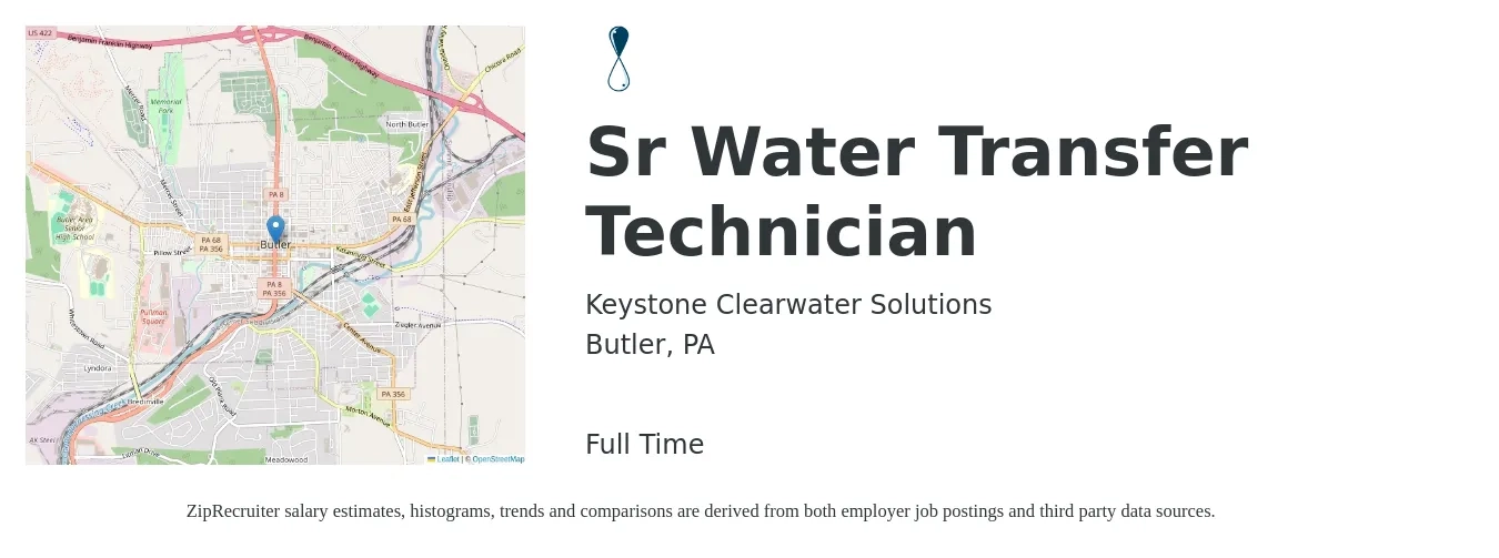 Keystone Clearwater Solutions job posting for a Sr Water Transfer Technician in Butler, PA with a salary of $20 to $31 Hourly with a map of Butler location.