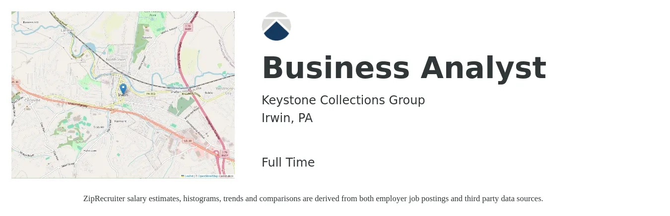 Keystone Collections Group job posting for a Business Analyst in Irwin, PA with a salary of $32 to $53 Hourly with a map of Irwin location.