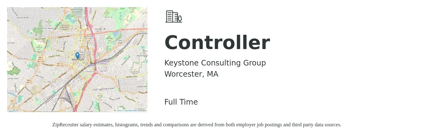Keystone Consulting Group job posting for a Controller in Worcester, MA with a salary of $96,800 to $138,200 Yearly with a map of Worcester location.