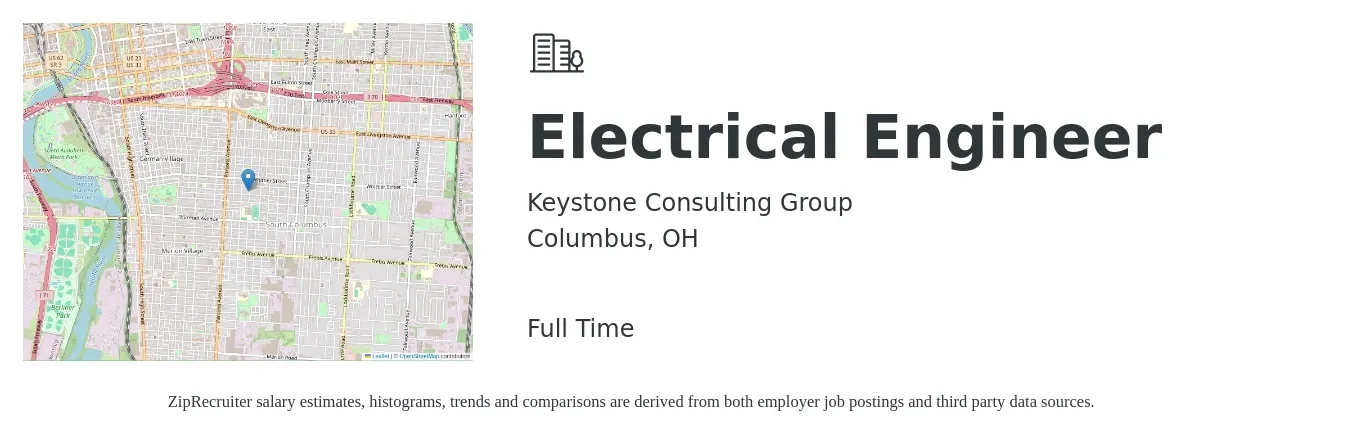 Keystone Consulting Group job posting for a Electrical Engineer in Columbus, OH with a salary of $80,200 to $127,500 Yearly with a map of Columbus location.