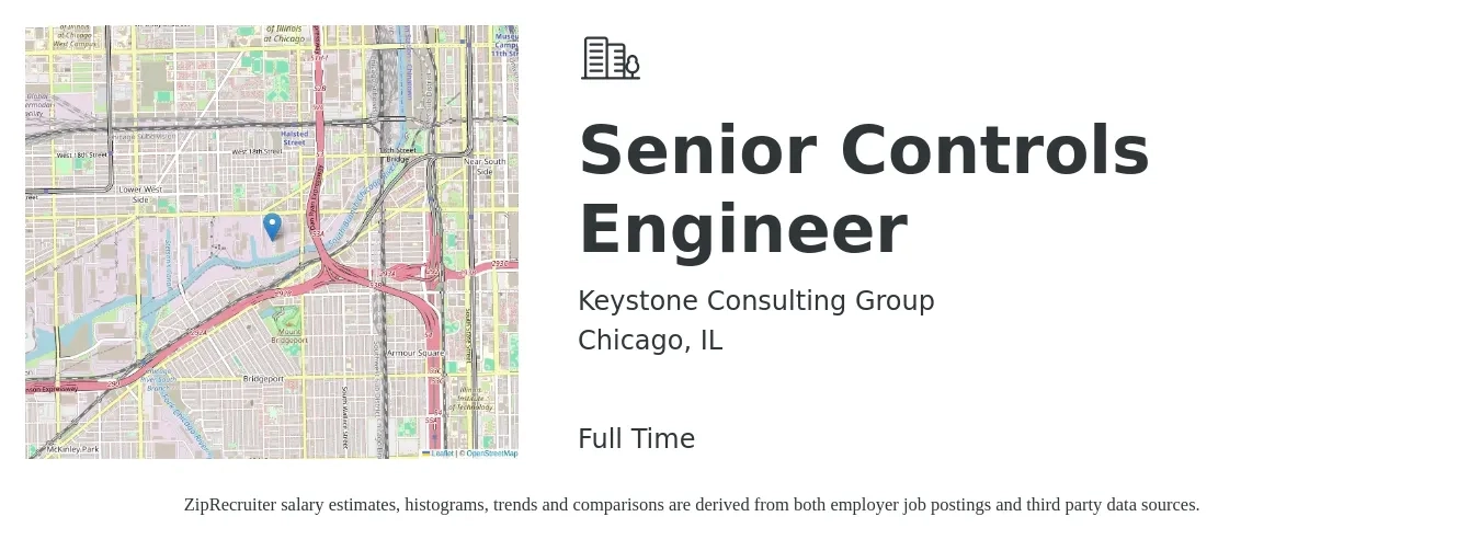 Keystone Consulting Group job posting for a Senior Controls Engineer in Chicago, IL with a salary of $100,000 to $132,000 Yearly with a map of Chicago location.