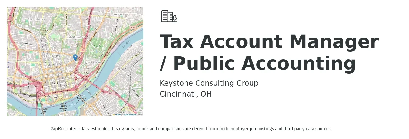 Keystone Consulting Group job posting for a Tax Account Manager / Public Accounting in Cincinnati, OH with a salary of $79,200 to $113,300 Yearly with a map of Cincinnati location.