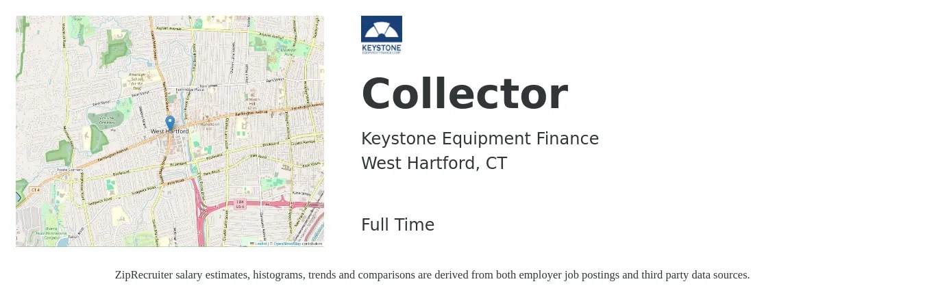 Keystone Equipment Finance job posting for a Collector in West Hartford, CT with a salary of $17 to $23 Hourly with a map of West Hartford location.