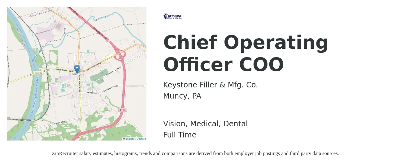 Keystone Filler & Mfg. Co. job posting for a Chief Operating Officer COO in Muncy, PA with a salary of $100,600 to $166,900 Yearly and benefits including vision, dental, life_insurance, medical, and pto with a map of Muncy location.